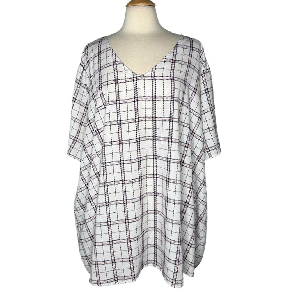 Meri Skye Plaid Top White Flowy Casual Dressy Plus Size V Neck Minimalist CA3